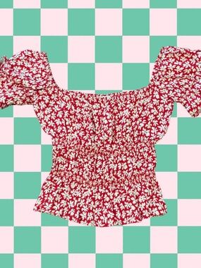 Reformation Red Floral Smocked Puff-Sleeve Crop Top
